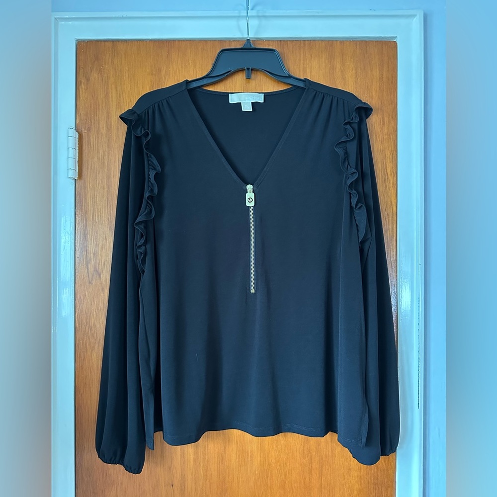 Michael Kors Black Ruffle V-Neck Blouse
